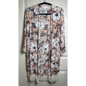 Zara Trafaluc Womens Floral Kimono w/Fringe Hem Sz Small  Boho Chic Layering